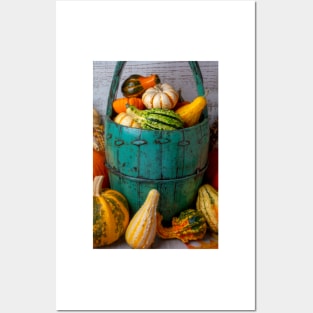 Green Bucket Full Of Autumn Pumpkins And Gourds Posters and Art